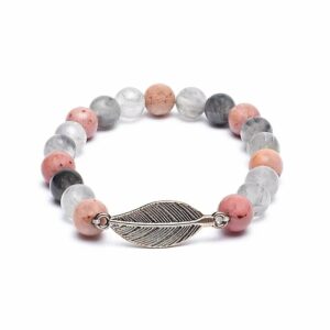 Bracelet Rhodonite/ Quartz gris + plume