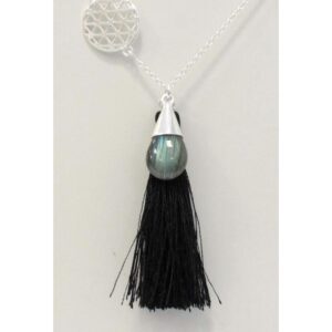 Collier Goutte Labradorite, Fleur de Vie et Pompon