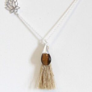 Collier Goutte Oeil de Tigre, Fleur de Vie et Pompon