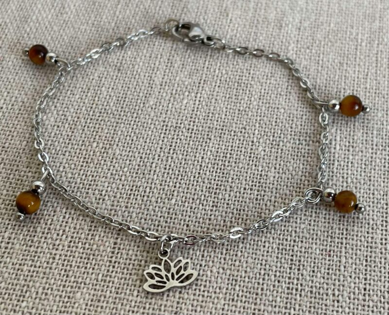 Bracelet Acier argenté Oeil de Tigre  et Lotus