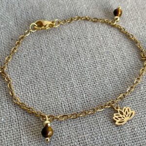 Bracelet Acier doré Oeil de Tigre et Lotus