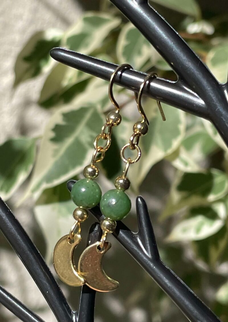Boucles d'Oreille Jade Néphrite et Lune dorée