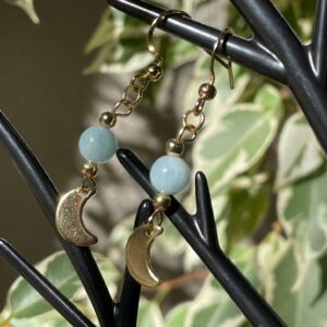 Boucles d'Oreille Aigue-marine et Lune dorée