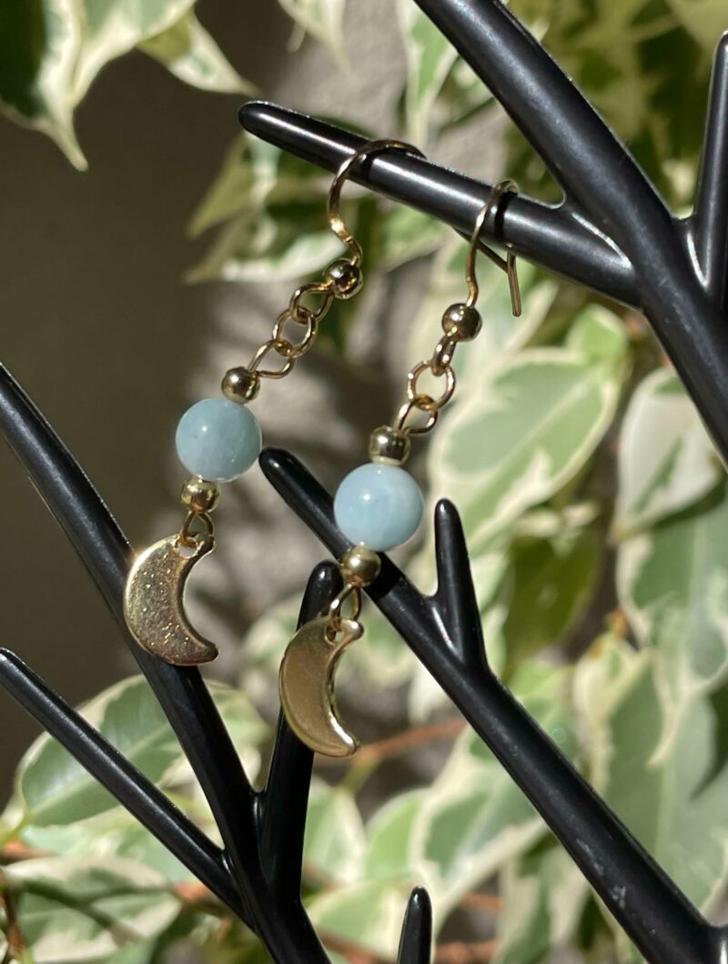 Boucles d'Oreille Aigue-marine et Lune dorée