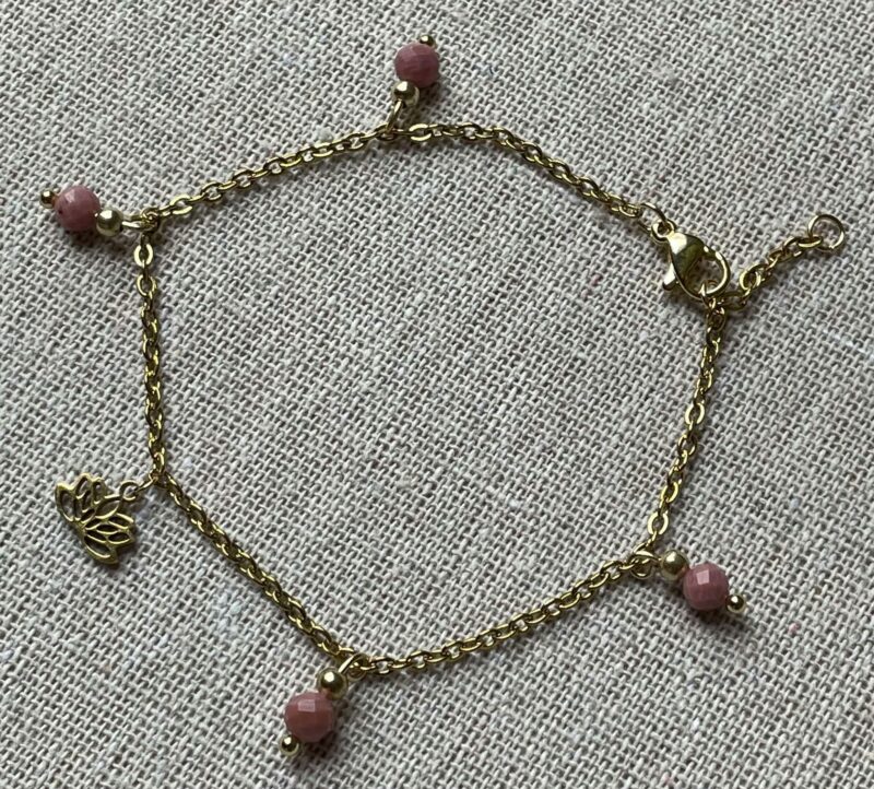 Bracelet Acier doré Rhodonite et Lotus