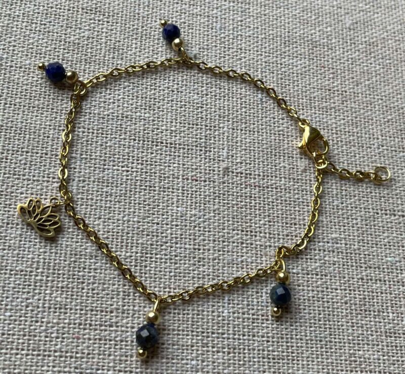 Bracelet Acier doré Lapis Lazuli  et Lotus