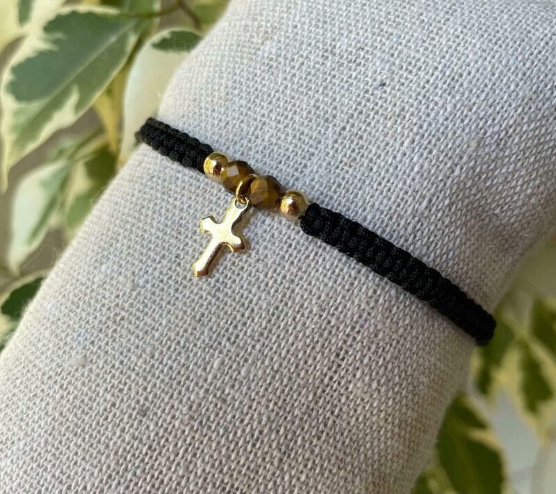 Bracelet Oeil de Tigre et Croix dorée