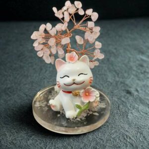 Arbre en Quartz Rose avec Chat porte-bonheur