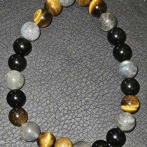 Bracelet Obsidienne Noire, Œil de Tigre et  Labradorite 8 mm