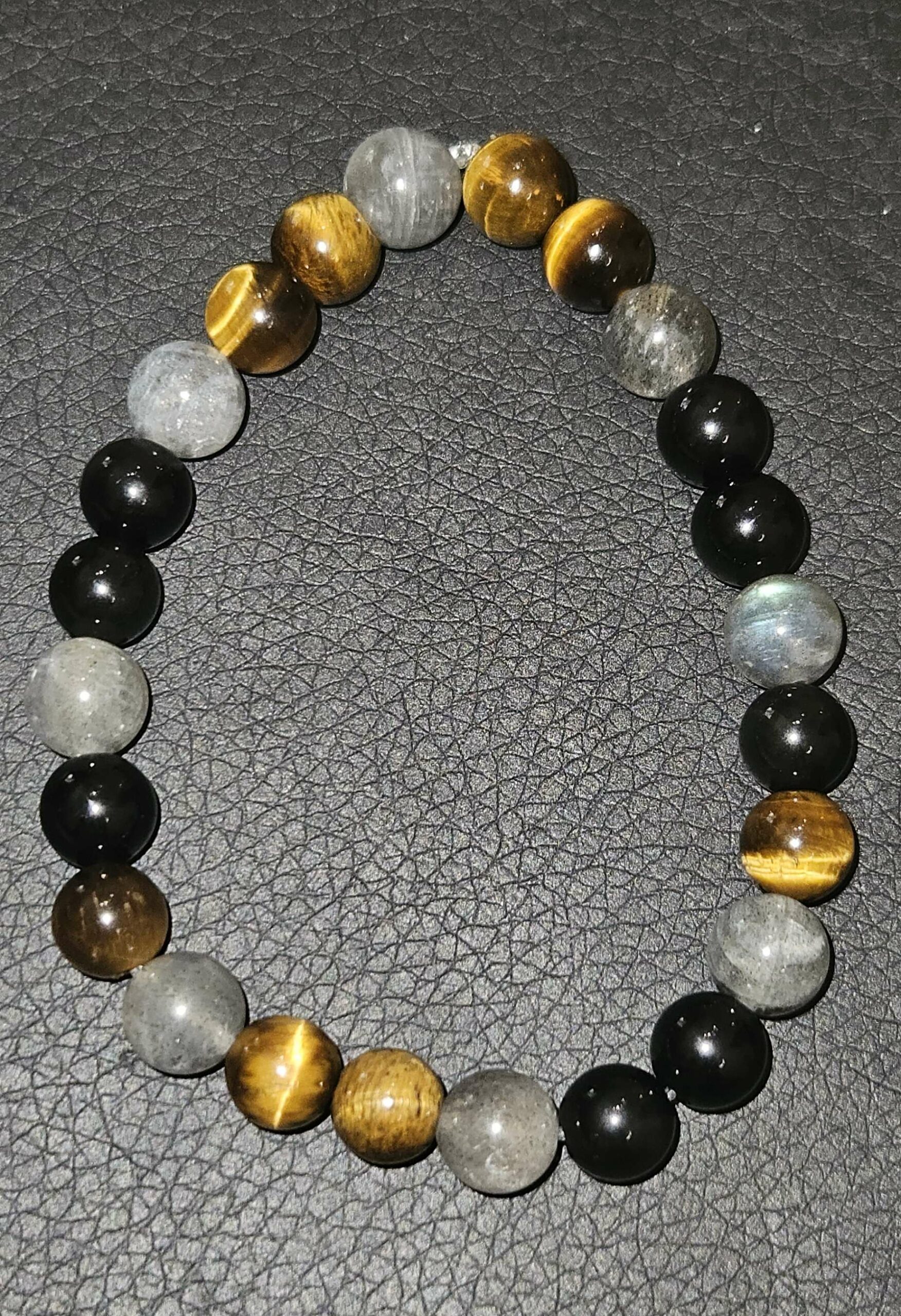 Bracelet Obsidienne Noire, Œil de Tigre et Labradorite 8 mm